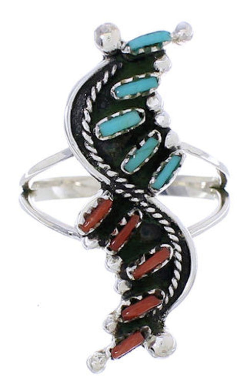 Turquoise Coral Needlepoint And Silver Jewelry Ring Size 4-3/4 YX34184